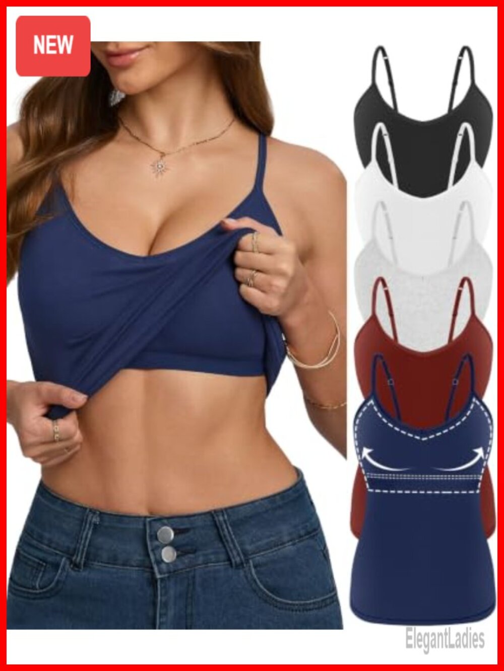 5 Pack Womens V-Neck Cotton Camisole Shelf Bra Adjustable Tank Tops